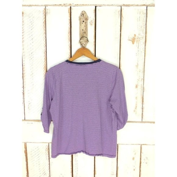 Vintage 90s Talbots lavender and blue striped pullover pocket vneck top - Picture 3 of 6